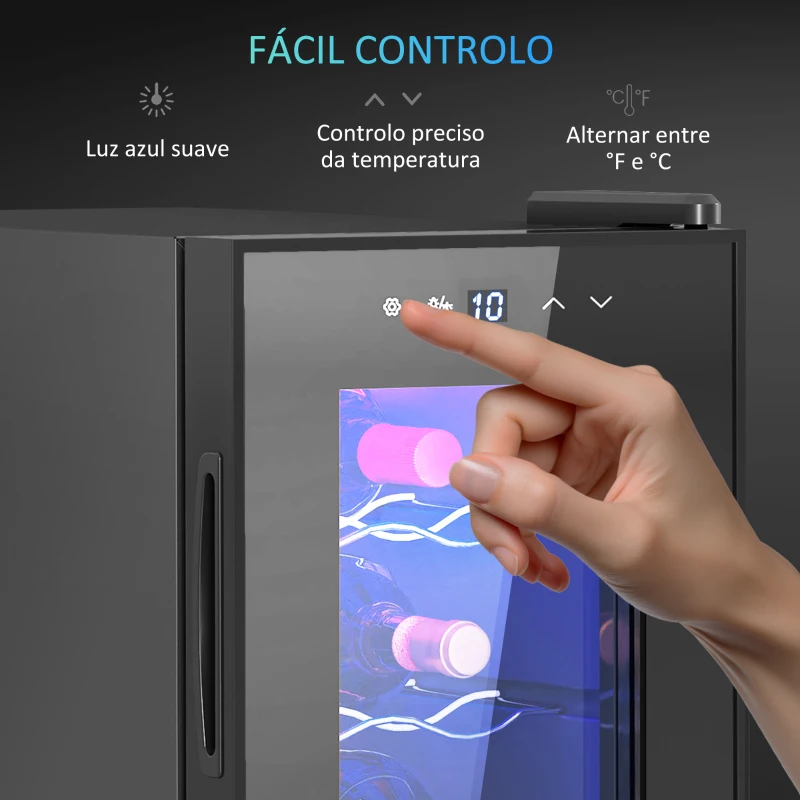 HOMCOM Cave de Vinho para 6 Garrafas com Luz LED Ecrã Tátil Controlo de Temperatura e 2 Prateleiras Ajustáveis 26,5x51,5x39,3 cm Preto