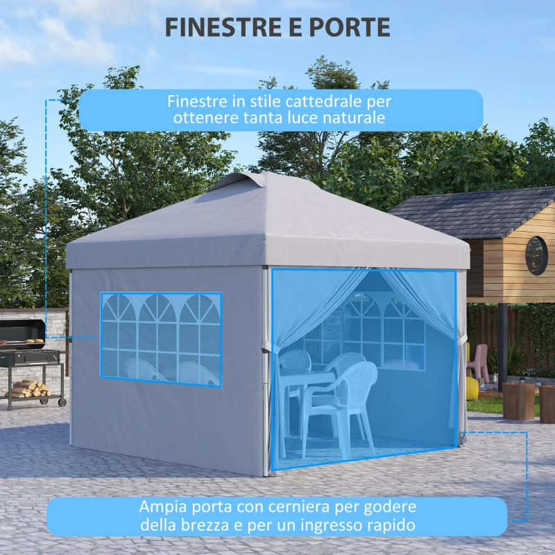 Outsunny Gazebo Pieghevole 3x3 m con Altezza Regolabile su 3 Livelli, Finestre e Borsa di Trasporto, Grigio Chiaro