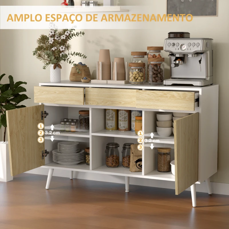 HOMCOM Aparador de Sala de Estar com 3 Gavetas Prateleiras Móvel para TV para Dormitório Sala de Estar 120x39x77 cm Branco e Madeira