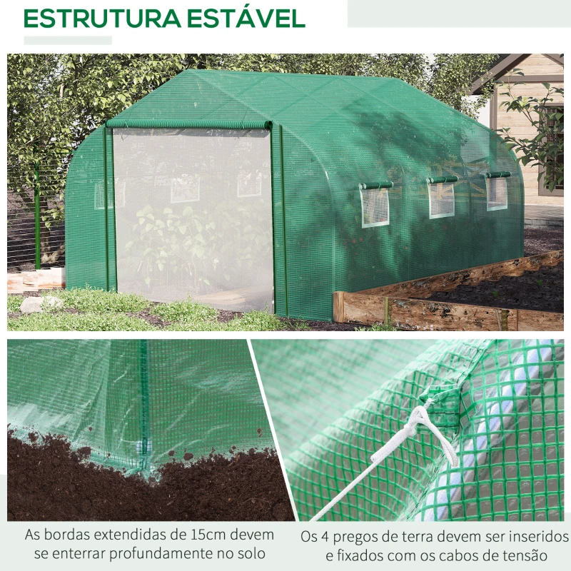 Outsunny Estufa de Túnel 3,5x3x2m Estufa de Jardim com Porta e 6 Janelas Enroláveis de Polietileno Metal Galvanizado para Cultivos de Plantas Flores Verde