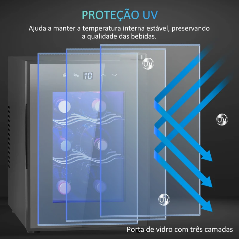 HOMCOM Cave de Vinho para 6 Garrafas com Luz LED Ecrã Tátil Controlo de Temperatura e 2 Prateleiras Ajustáveis 26,5x51,5x39,3 cm Preto