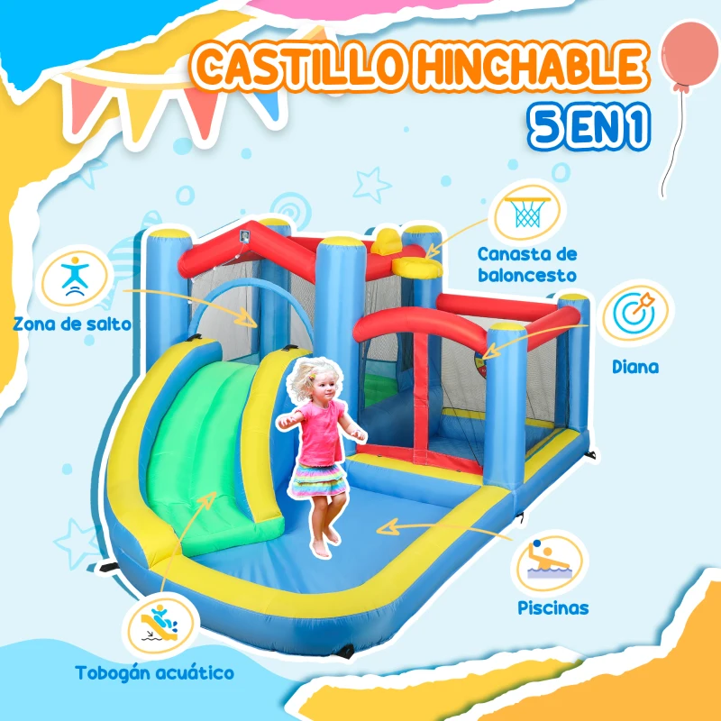 AIYAPLAY Castillo Hinchable 5 en 1 con Tobogán Piscinas y Canasta Incluye Inflador y Bolsa de Transporte 385x290x180cm Multicolor