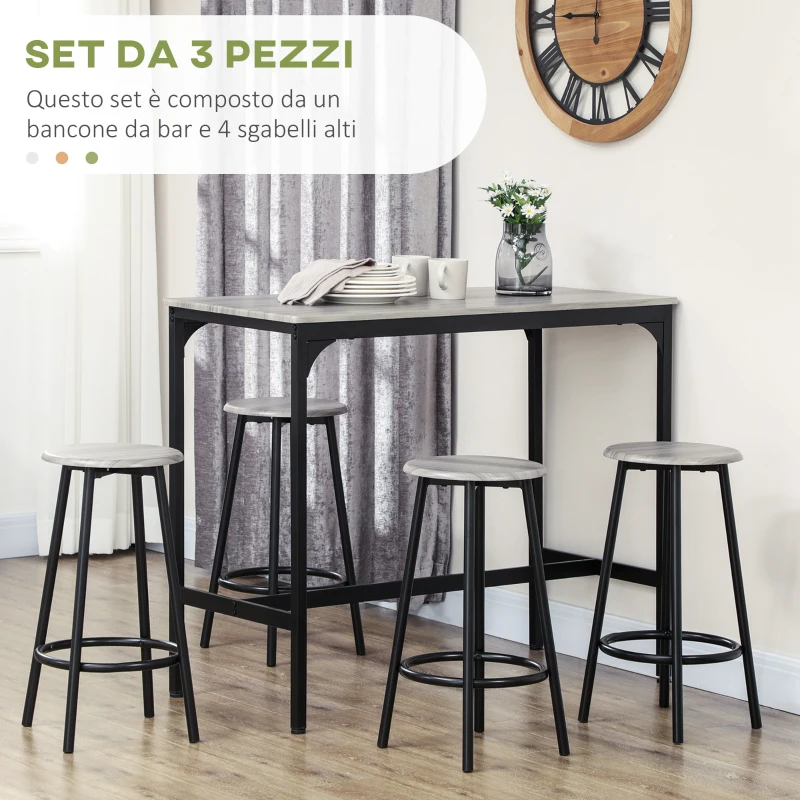 HOMCOM Set da Pranzo 5 Pezzi con Bancone da Bar 110x50x89.5 cm e Sgabelli Ø30x60.5 cm in Legno e Metallo Grigio e Nero