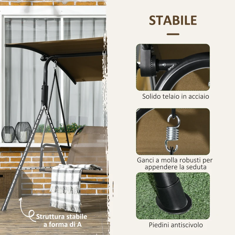 Outsunny Dondolo da Giardino 3 Posti con Copertura Regolabile, in Acciaio e Poliestere, 172x110x153 cm, Marrone e Grigio