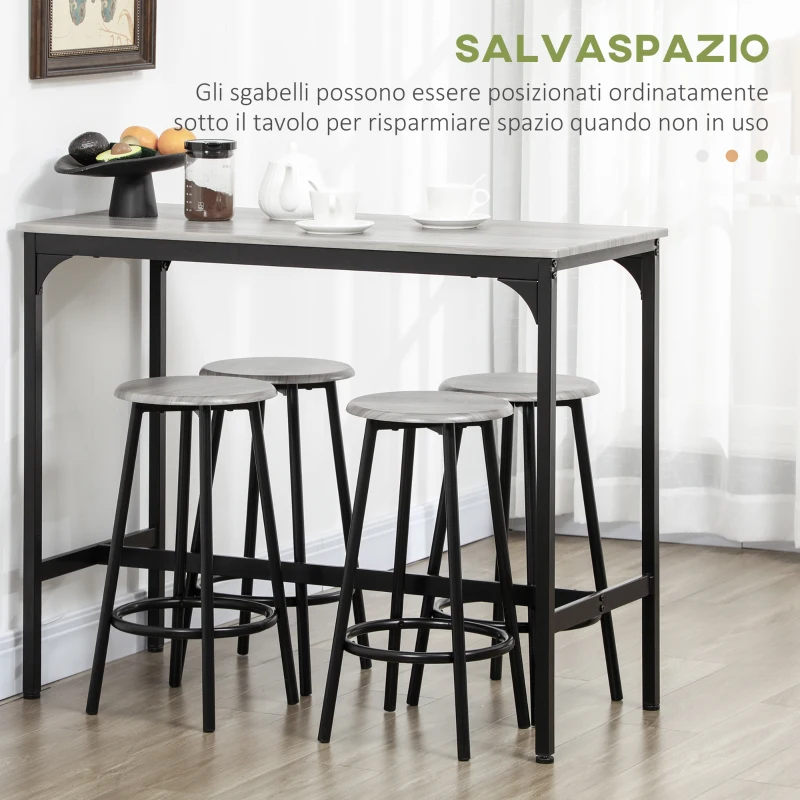 HOMCOM Set da Pranzo 5 Pezzi con Bancone da Bar 110x50x89.5 cm e Sgabelli Ø30x60.5 cm in Legno e Metallo Grigio e Nero