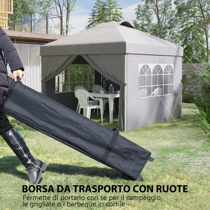Outsunny Gazebo Pieghevole 3x3 m con Altezza Regolabile su 3 Livelli, Finestre e Borsa di Trasporto, Grigio Chiaro