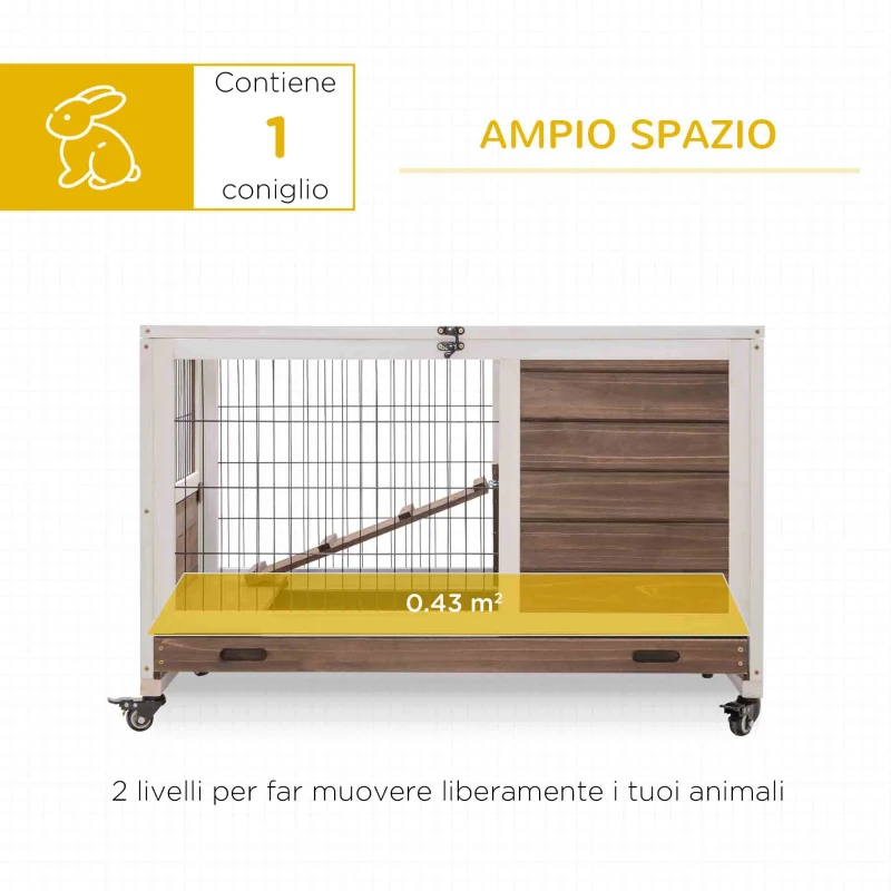 PawHut Conigliera in Legno con 4 Ruote, Casetta per Conigli e Rampa, 90x53x59cm, Marrone