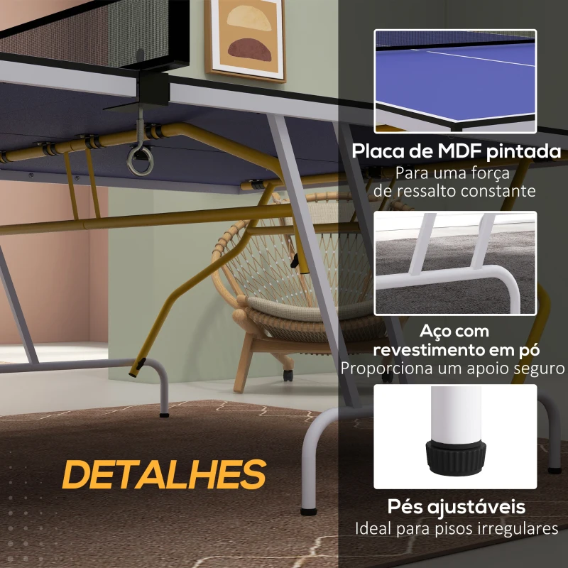 SPORTNOW Mesa de Ping-Pong Dobrável com Rede Apoio para os Pés Ajustáveis e Estrutura de Aço para Interior e Exterior 274x152,5x76 cm Azul