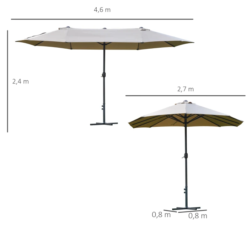 Outsunny Parasol de jardin XXL avec pied en croix parasol grande taille 4,6L x 2,7l x 2,4H cm ouverture fermeture manivelle acier polyester haute densité café