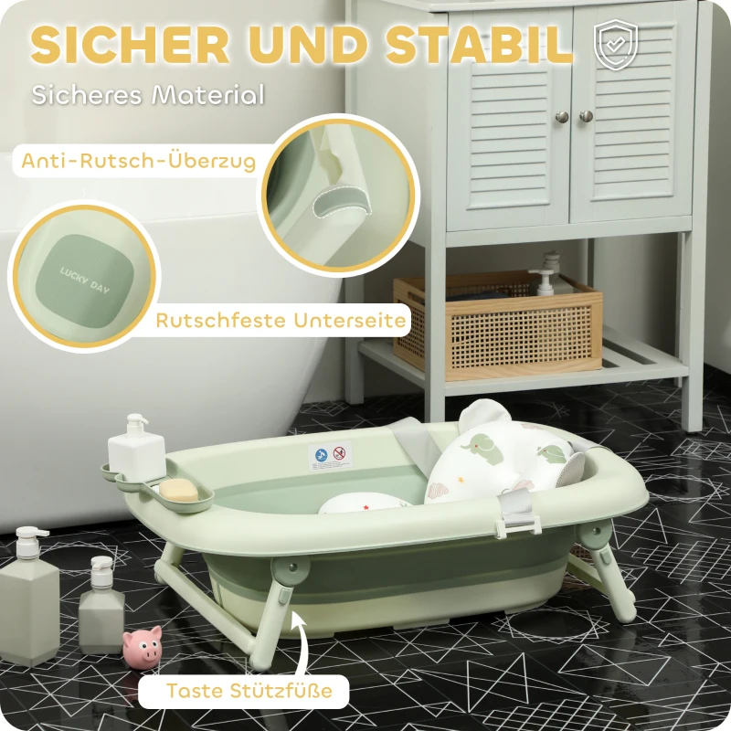 AIYAPLAY Babybadewanne, faltbar, rutschfester Boden, Elefanten-Badekissen, 86 x 53 x 25,5 cm, Grün(m-5)