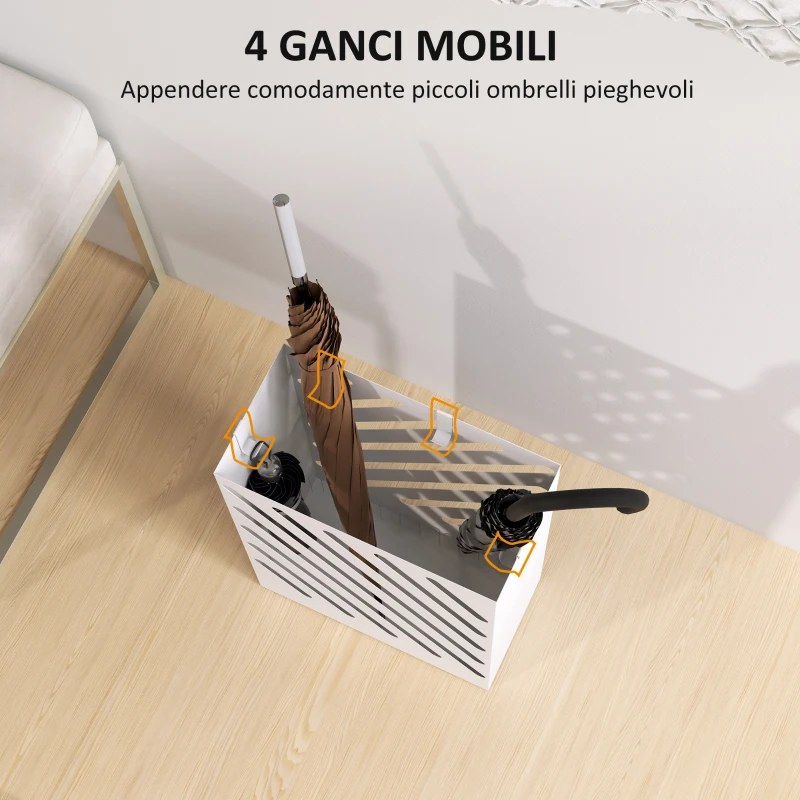 HOMCOM Portaombrelli di Design con Vaschetta Raccogli Gocce e 4 Ganci in Metallo, 28x14x41 cm, Bianco