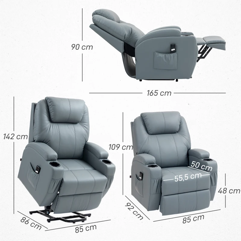 HOMCOM Fauteuil releveur électrique avec repose-pied dossier inclinable télécommande poches latérales et porte-gobelet gris(m-3)