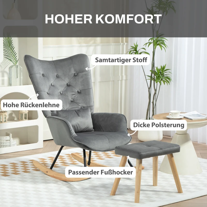 HOMCOM Akzentsessel mit Hocker, gepolstert, hohe Rückenlehne, Samtoptik, bis 150 kg, Dunkelgrau