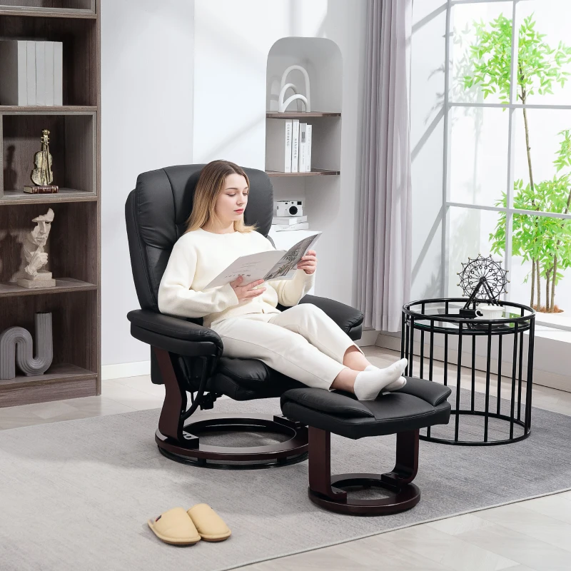 HOMCOM Relaxsessel mit Fußhocker, Verstellbarer Sessel, Kunstleder-Bezug, Polstersessel mit klappbarer Rückenlehne, Schwarz(m-2)