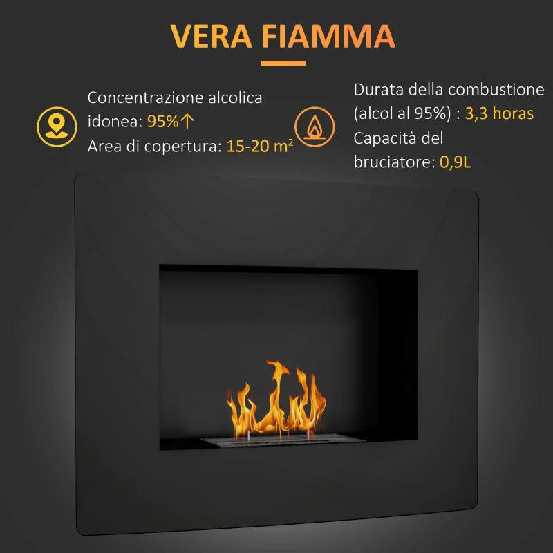 HOMCOM Chimenea de Bioetanol de Pared con Tanque de 0,9 L Tiempo de Combustión 3,3H para Interiores 15-20 m² 66x16x52 cm Negro