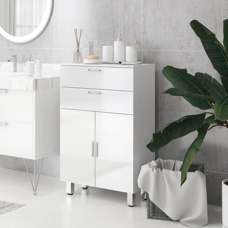 kleankin Badezimmerschrank, Badkommode, 2 Schubladen, verstellbares Regal, Holz, Weiß