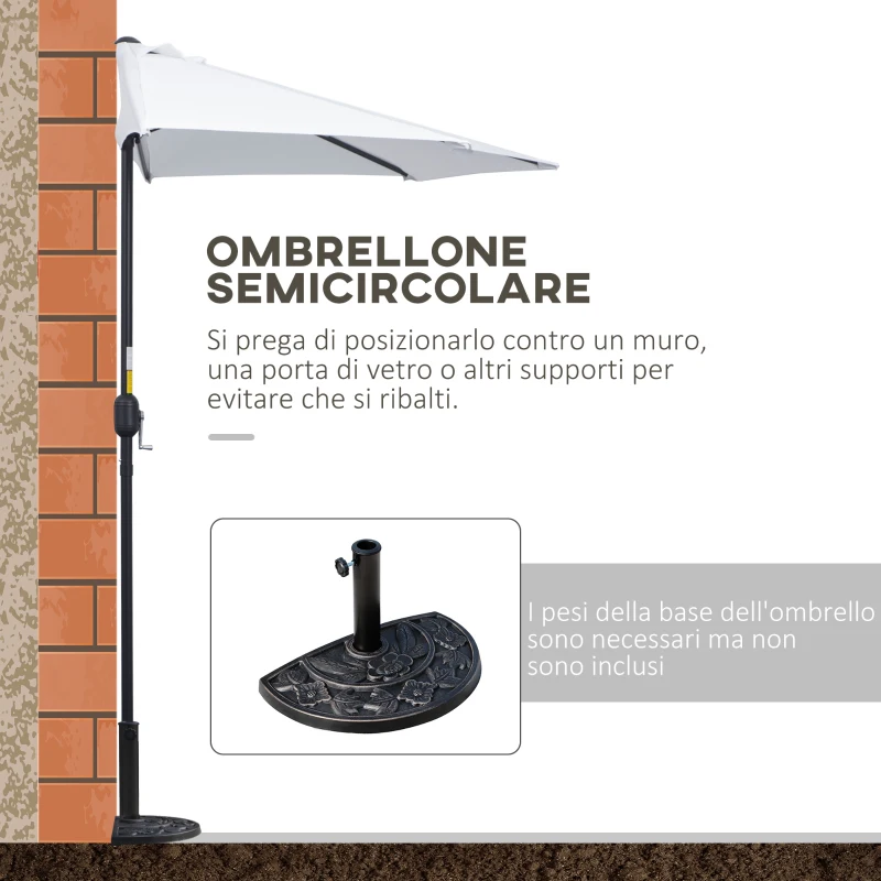 Outsunny Ombrellone da Terrazza a Mezzaluna con Apertura a Manovella e Palo a 2 Sezioni, 2.6x1.35 m, Bianco