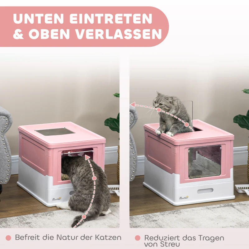 Pawhut Kattentoilet met Button-In-Design, Uitneembare Bodempan Incl. Kattenbakschep, Kunststof, Roze