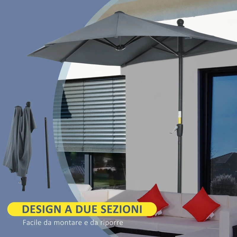 Outsunny Ombrellone Semicircolare con Manovella e Tettuccio Anti UV, 200x190x240 cm, Grigio