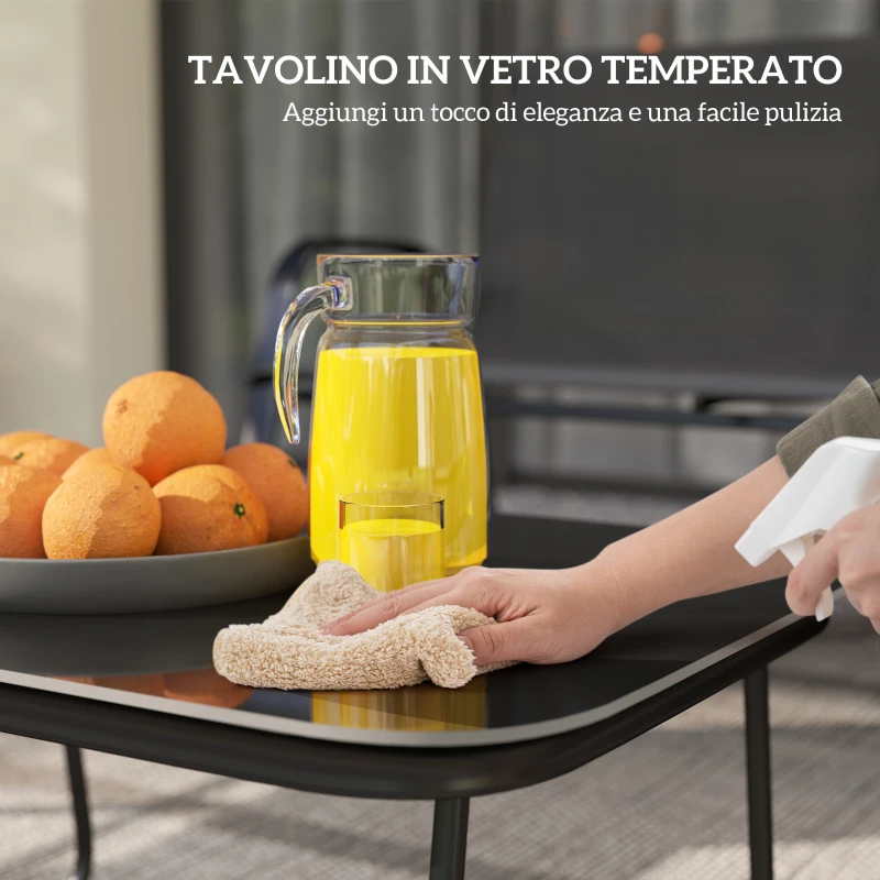 Outsunny Set da Giardino con Divano 2 Posti, 2 Poltrone Impilabili e Tavolino in Vetro, Nero