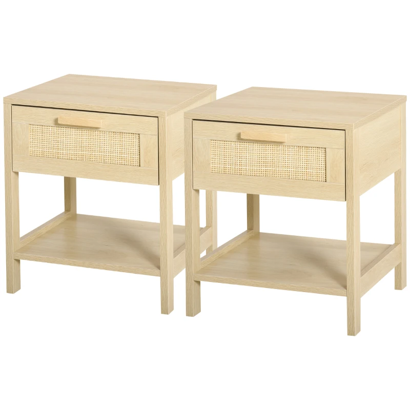 HOMCOM Bedside Table Set of 2 with Rattan Drawer, Rustic Side Tables with Storage Shelf for Bedroom, Living Room, Natural