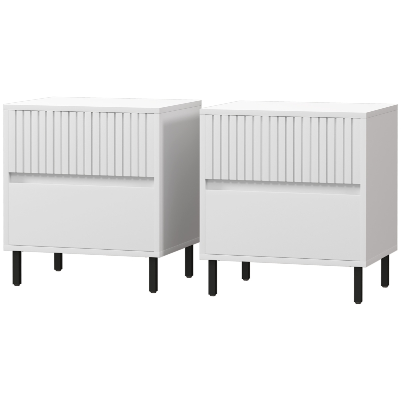 HOMCOM Simple Line Indented Two-Drawer Bedside Table Set of 2 - White