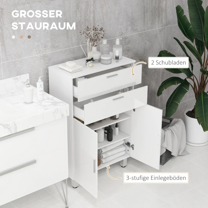 kleankin Badezimmerschrank, Badkommode, 2 Schubladen, verstellbares Regal, Holz, Weiß