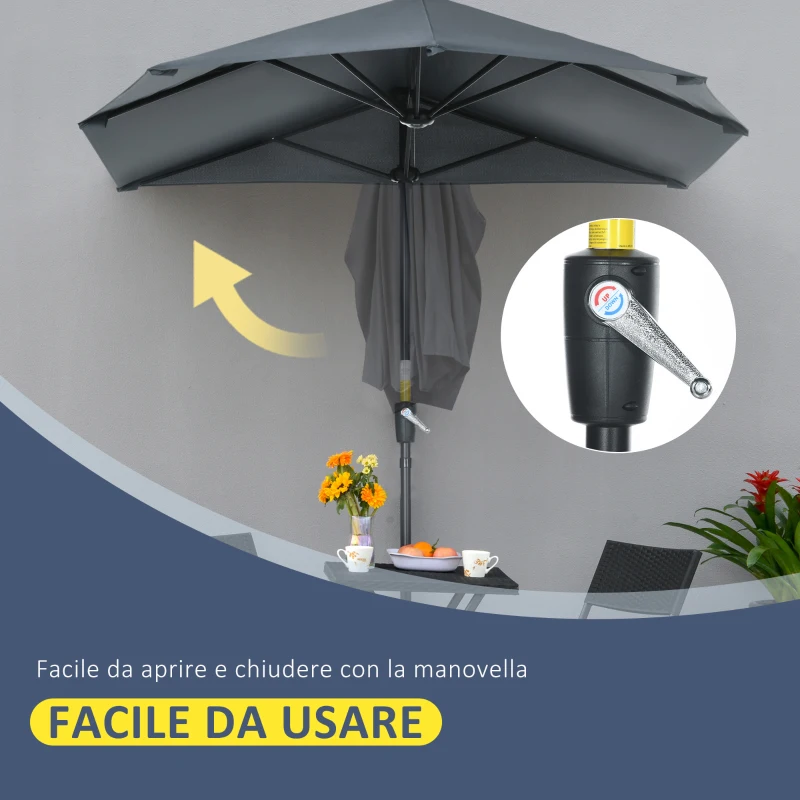 Outsunny Ombrellone Semicircolare con Manovella e Tettuccio Anti UV, 200x190x240 cm, Grigio