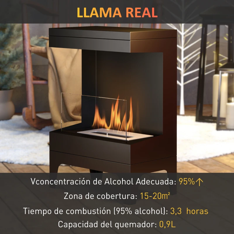 HOMCOM Estufa de Bioetanol de Pie con Tanque de 0,9 L Apagallamas de Acero Inoxidable Tiempo de Combustión 3,3H Negro