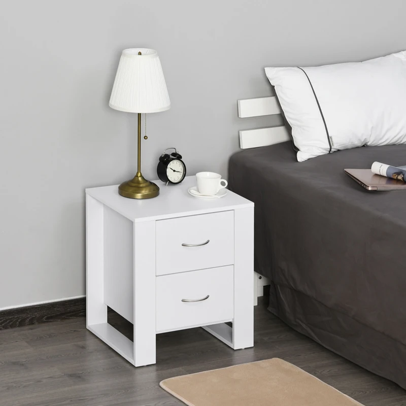HOMCOM Bedside Table Set of 2 with 2 Drawers, Nightstands with Handles and Elevated Base, Side Tables for Bedroom, Living Room, White
