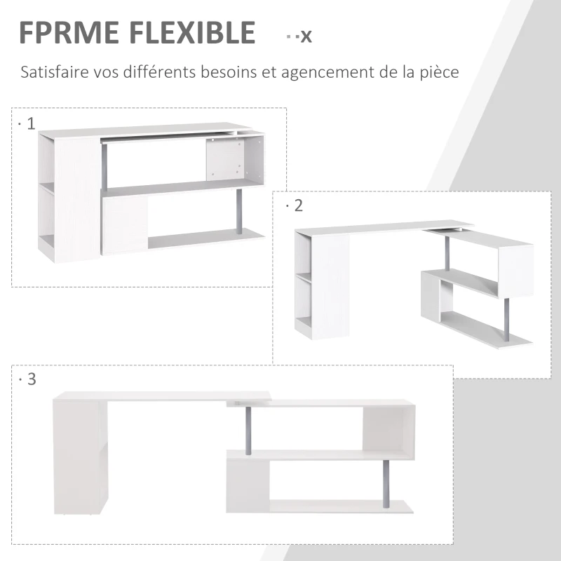 HOMCOM Bureau Informatique multimédia modulable Design Contemporain Zig zag bibliothèque intégrée Panneaux Particules Blanc métal