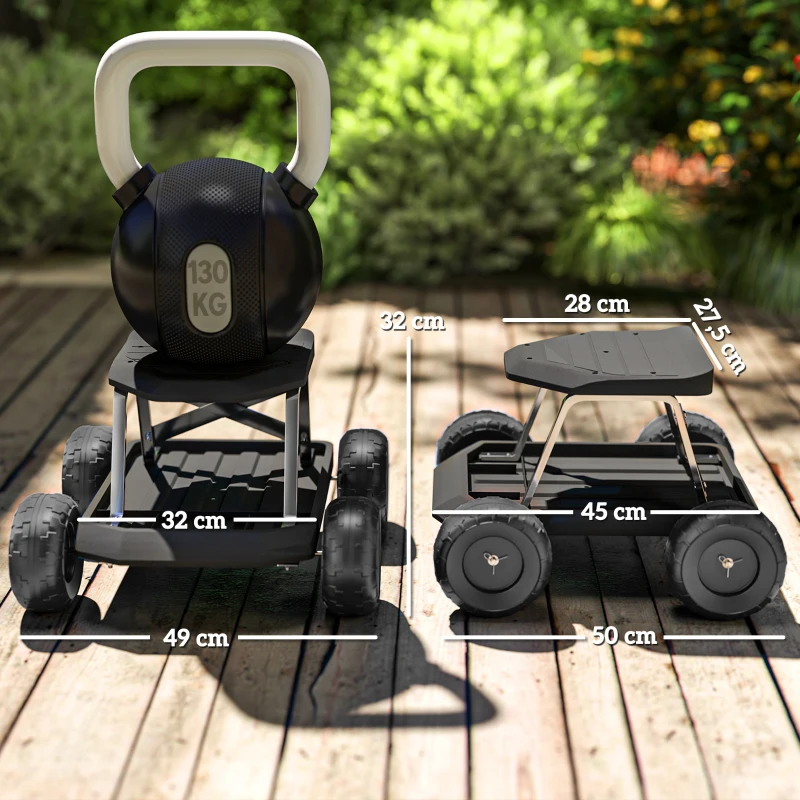 Outsunny Asiento de Jardín con Ruedas Taburete de Jardinería con Bandeja de Herramientas Carga 130 kg 50x49x32 cm Negro