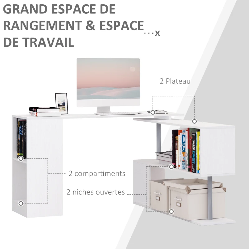 HOMCOM Bureau Informatique multimédia modulable Design Contemporain Zig zag bibliothèque intégrée Panneaux Particules Blanc métal