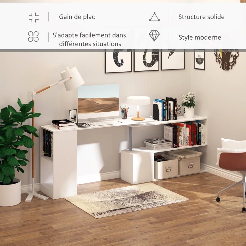 HOMCOM Bureau Informatique multimédia modulable Design Contemporain Zig zag bibliothèque intégrée Panneaux Particules Blanc métal