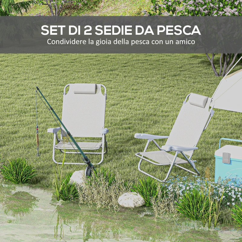Outsunny Set 2 Sedie da Campeggio Pieghevoli e Reclinabili su 6 Livelli, in Alluminio e Schiuma, 62x65x80 cm, Grigio Chiaro
