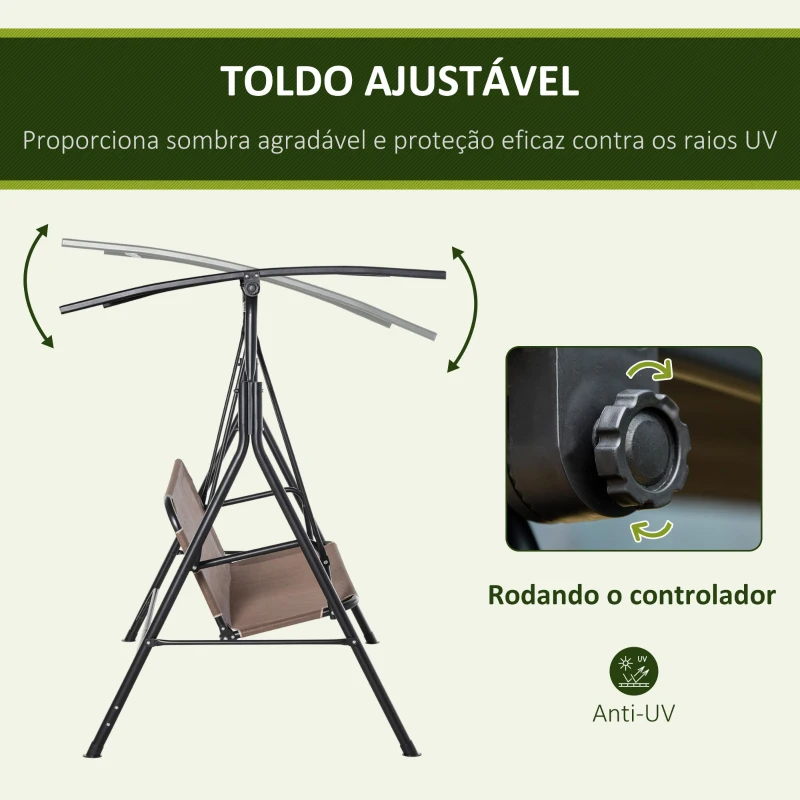Outsunny Baloiço de Jardim de 2 Lugares Baloiço com Teto Ajustável em Ângulo para Terraço Balcão Carga Máxima 200kg Aço 172x110x155cm Marrom