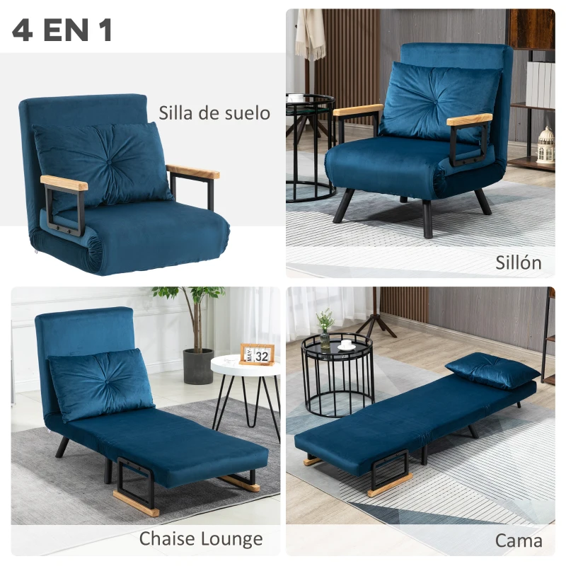 HOMCOM Pack de 2 Sofás Cama de 1 con Respaldo Ajustable de 5 Niveles y Almohadas Acolchadas 63x73x81 cm Azul