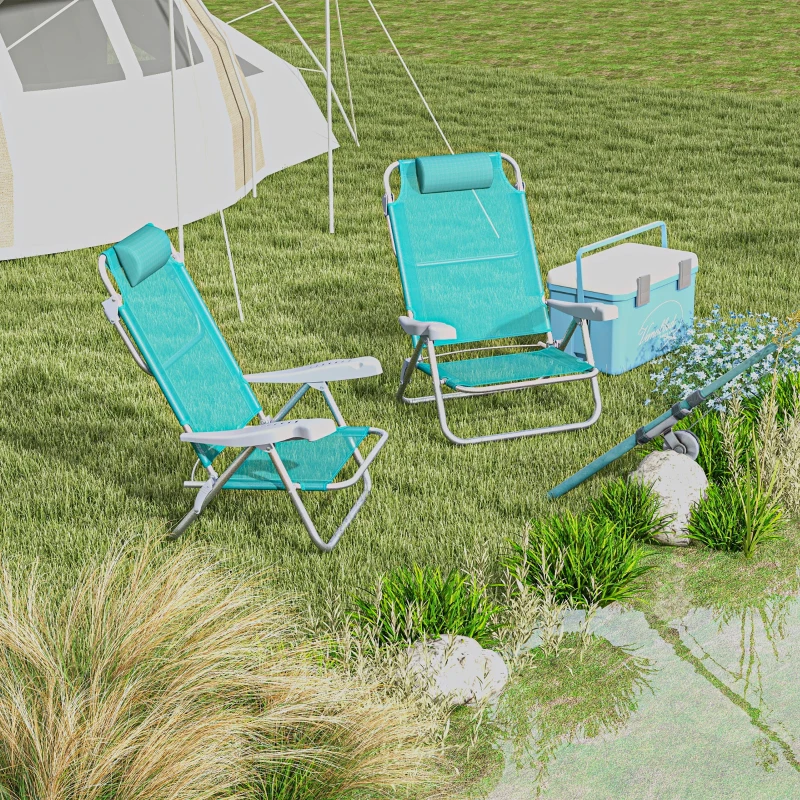 Outsunny Set 2 Sedie da Campeggio Pieghevoli e Reclinabili su 6 Livelli, in Alluminio e Schiuma, 62x65x80 cm, Grigio a Azzurro