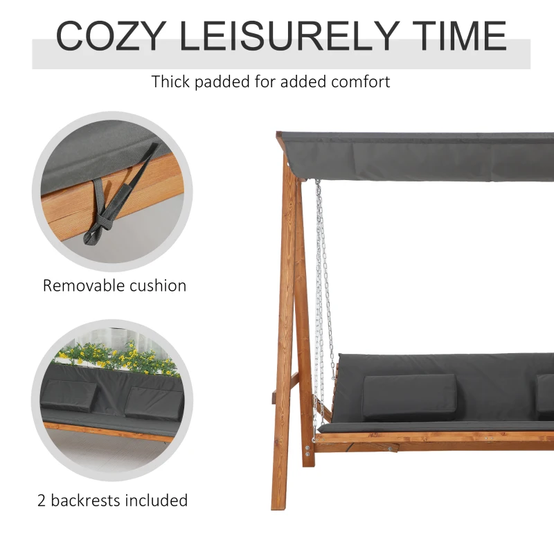 Outsunny Huśtawka Ogrodowa z Funkcją Łóżka 3-osobowa, Huśtawka z Drewna Modrzewiowego z Regulowanym Dachem Przeciwsłonecznym, Ławka Huśtawka Obciążenie 250kg, Leżak Ogrodowy na Taras, 225,5 x 113 x 180 cm Szary+Teak