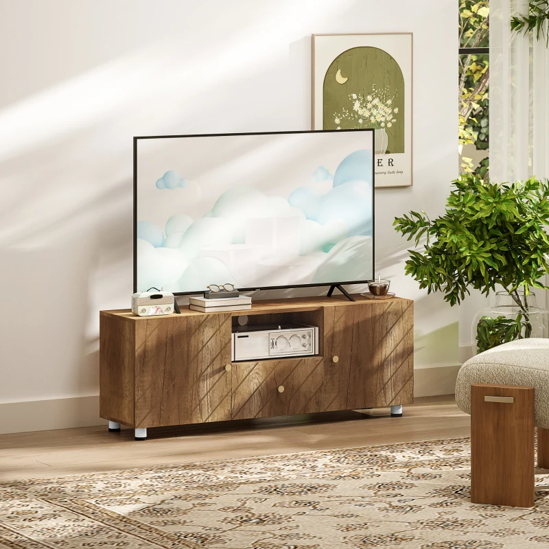 HOMCOM Meuble TV banc TV pour téléviseur jusqu'à 50 pouces avec 2 placards et compartiment ouvert et tiroir, bois naturel