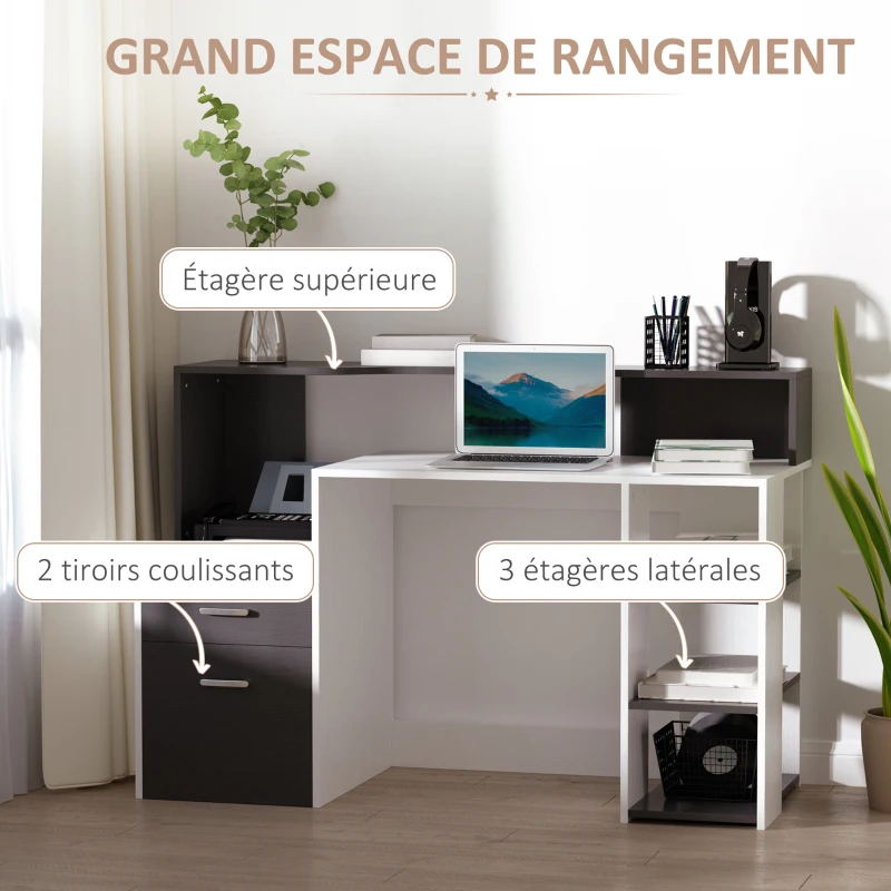 HOMCOM Bureau informatique Bureau avec rangement multimédia design multi-rangements 137 L x 55 l x 92 H cm noir et blanc