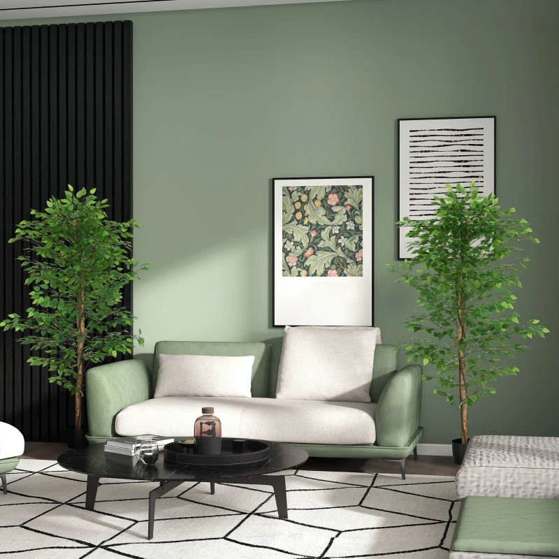 HOMCOM Pack de 2 Plantas Artificiales con Troncos Naturales 180 cm Ficus Sintética con 1260 Hojas Decoración para Hogar Verde