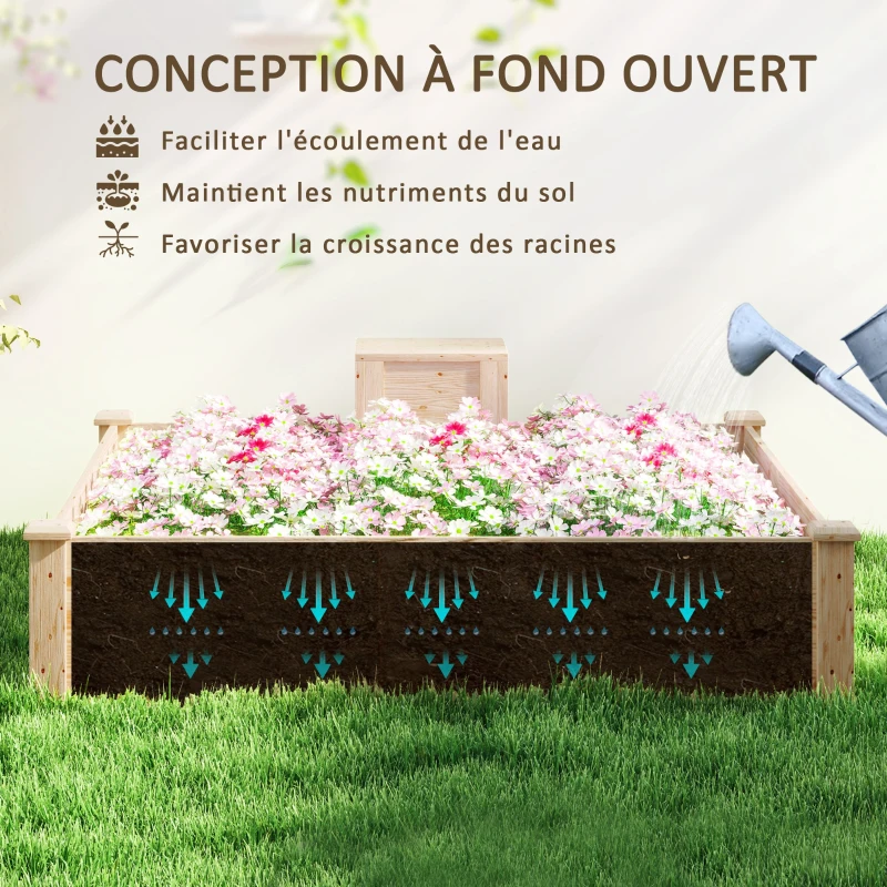 Outsunny Jardinière en bois carré potager extérieur bois avec bac à compost design à fond ouvert 123 x 123 x 25,5 cm bois naturel