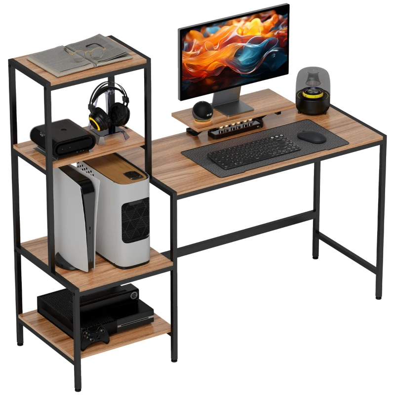 HOMCOM Biurko komputerowe z podwyższeniem monitora, 4-poziomowymi półkami, design industrialny, Brązowe