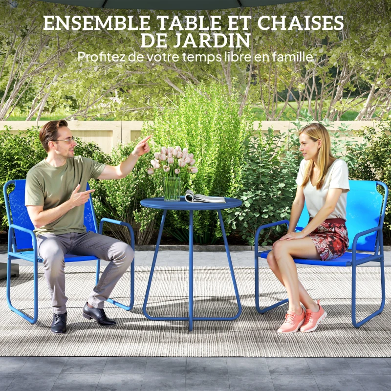 Outsunny Ensemble de jardin 3 pièces, salon de jardin, 2 fauteuils 1 table ronde, acier et tissu mesh, bleu marine