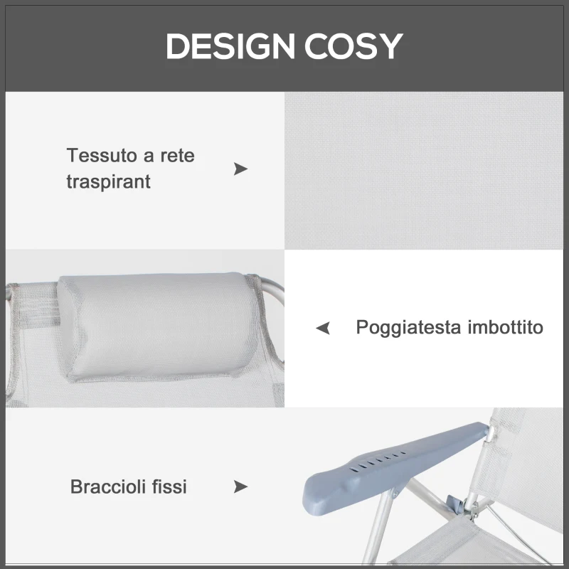 Outsunny Set 2 Sedie da Campeggio Pieghevoli e Reclinabili su 6 Livelli, in Alluminio e Schiuma, 62x65x80 cm, Grigio Chiaro