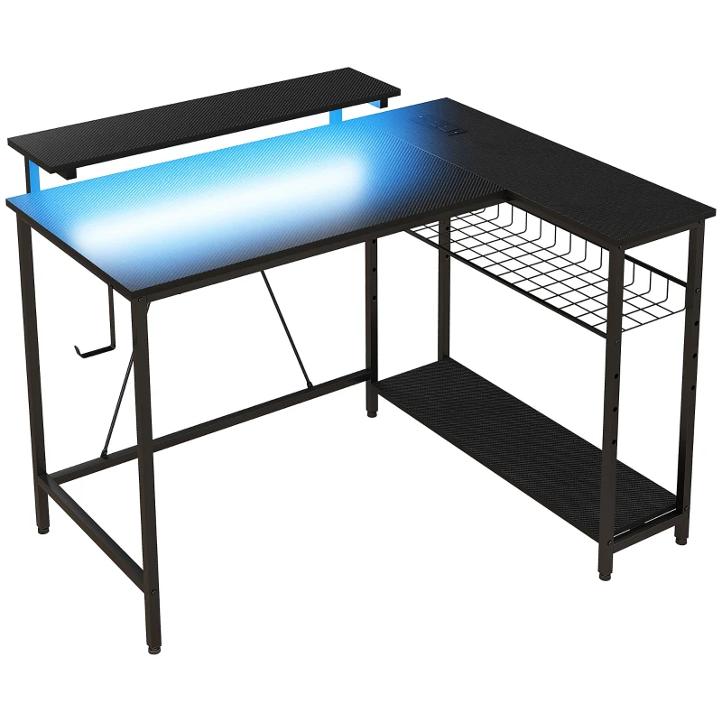HOMCOM Birou de Gaming în Formă de L cu Lumini LED, Birou de Colț Reversibil cu Rafturi de Depozitare, 107x80x90 cm, Negru