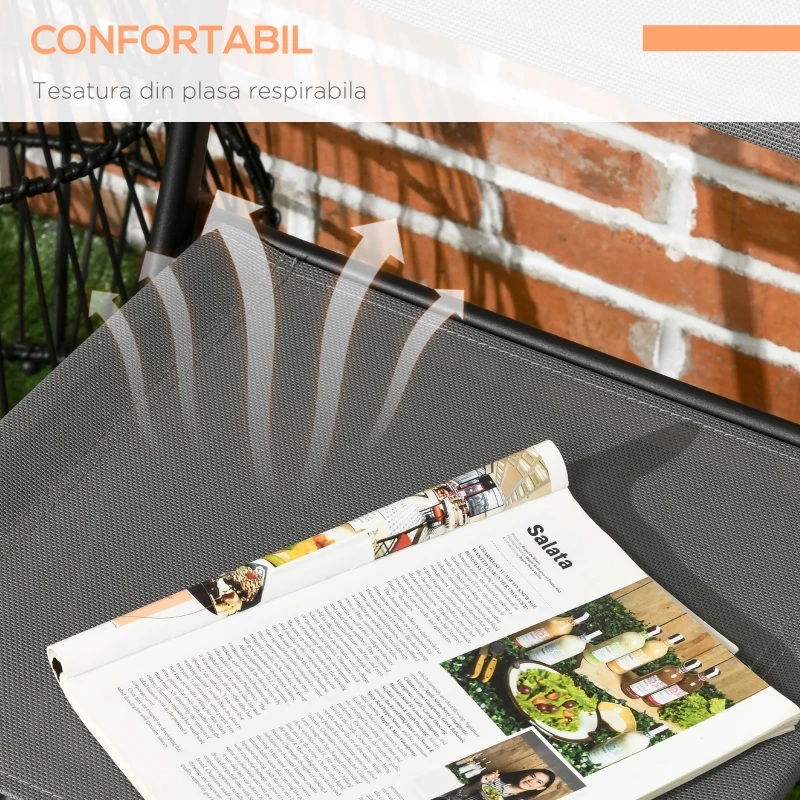 Outsunny Set de Gradina 3 Bucati din Otel cu 2 Scaune Pliabile din Material Plasa Respirabil si Masa de Gradina Rotunda cu Blat din Sticla Securizata