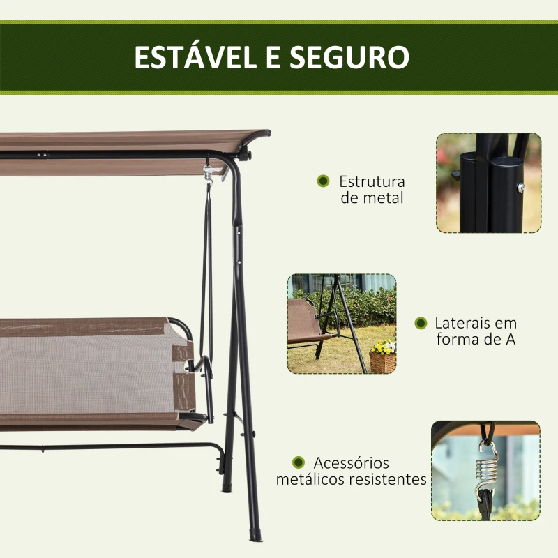 Outsunny Baloiço de Jardim de 2 Lugares Baloiço com Teto Ajustável em Ângulo para Terraço Balcão Carga Máxima 200kg Aço 172x110x155cm Marrom