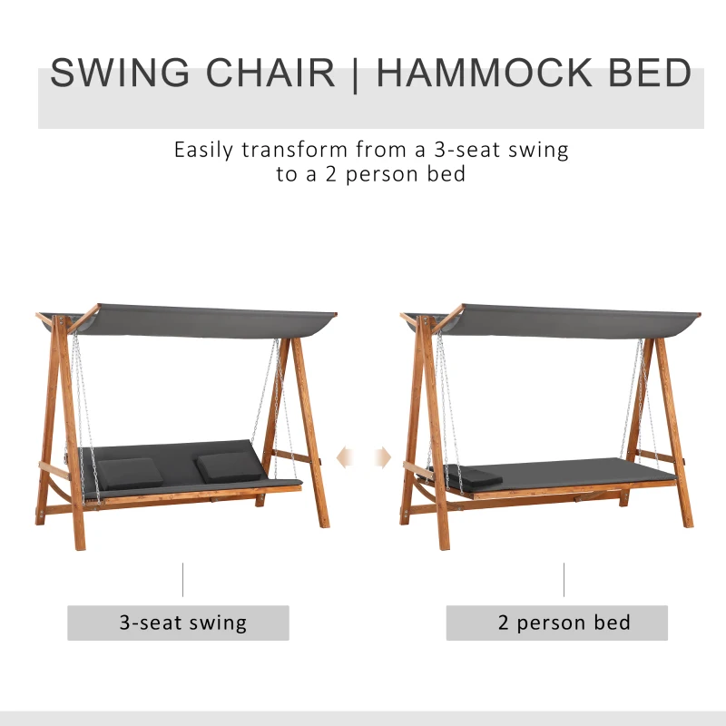 Outsunny Huśtawka Ogrodowa z Funkcją Łóżka 3-osobowa, Huśtawka z Drewna Modrzewiowego z Regulowanym Dachem Przeciwsłonecznym, Ławka Huśtawka Obciążenie 250kg, Leżak Ogrodowy na Taras, 225,5 x 113 x 180 cm Szary+Teak